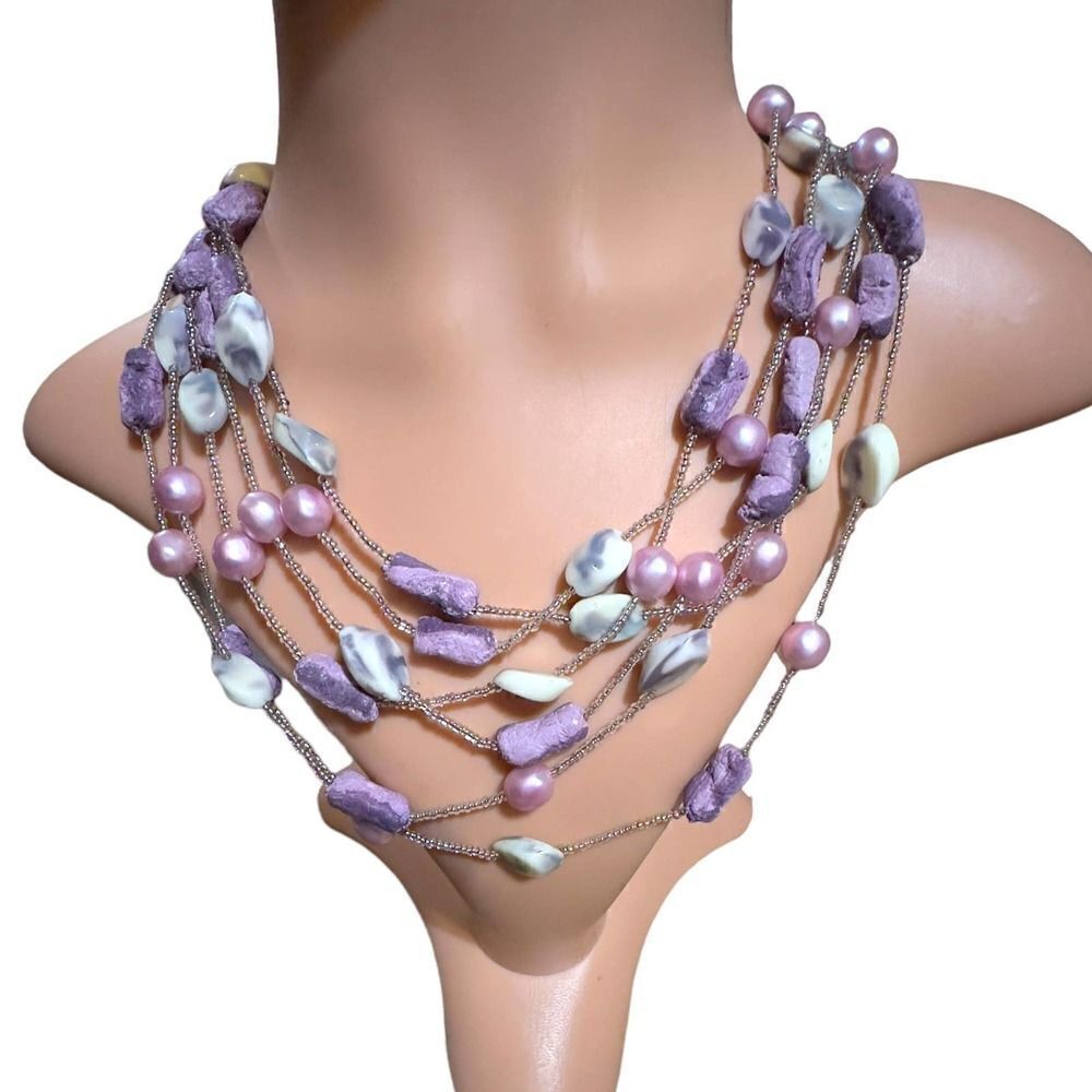 Vintage Japan Multi Strand Stone, Resin, Bead Necklace